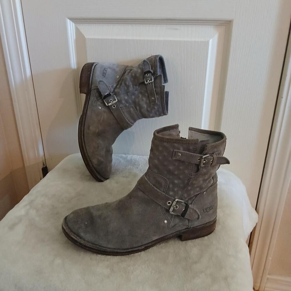 UGG Gray Suede Zip Up Moto Boots Buckle Detail 9.5 Streetwear Grunge Indie